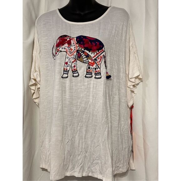 NEW WITH TAGS Ruby Rd. White Embroidered Elephant Flutter Sleeve SIZE XL COLOR T - Picture 1 of 8